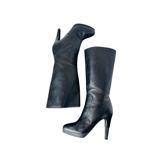 Chanel Vintage Black Leather Platform Mid-Calf Boots w/ CC Logo Size EU 37.5 - Picture 2 of 13
